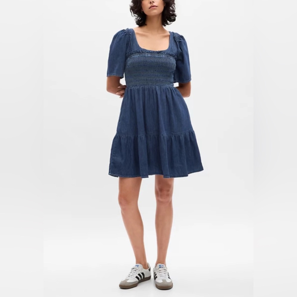 Gap Women's Puff Sleeve Smocked Mini Dress, Medium Indigo (Size L)